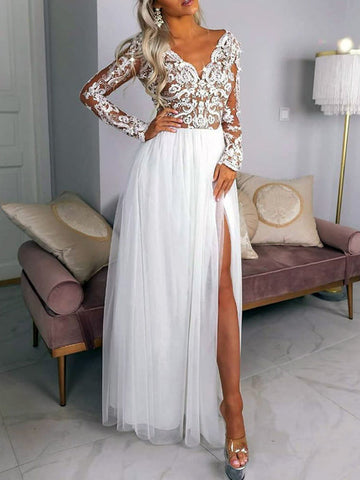 V-cou Blanc Robe Long en Mousseline et Dentelle Invité Mariage